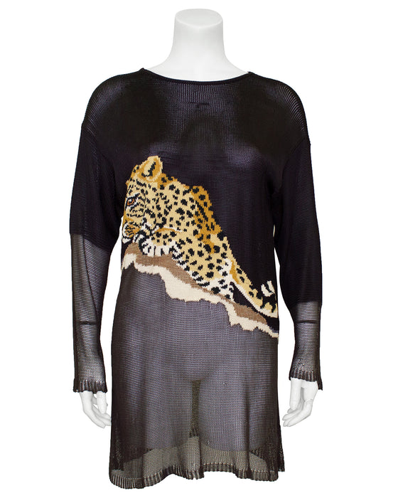 Brown Knit Tunic Length Sweater with Leopard