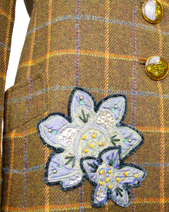 Brown Plaid Jacket with Blue Floral Appliques