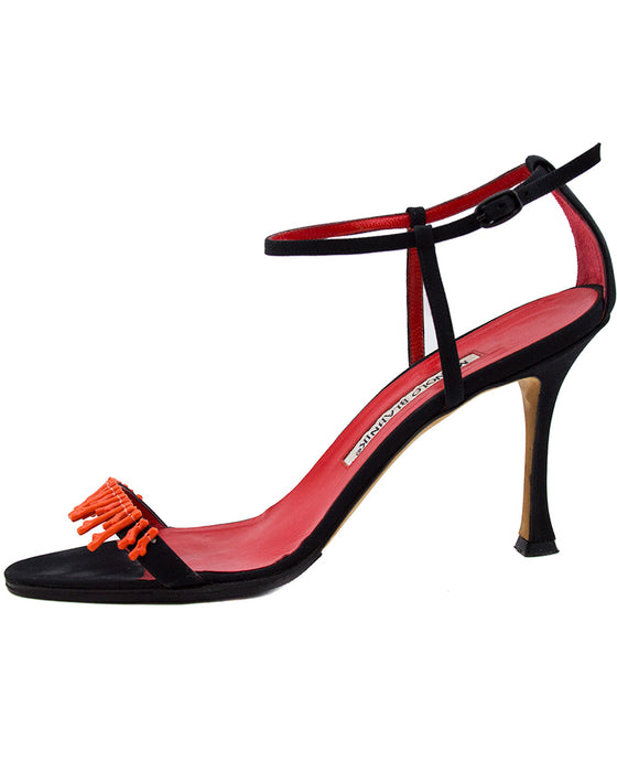 Black Suede Ankle Strap Heels with Coral Applique