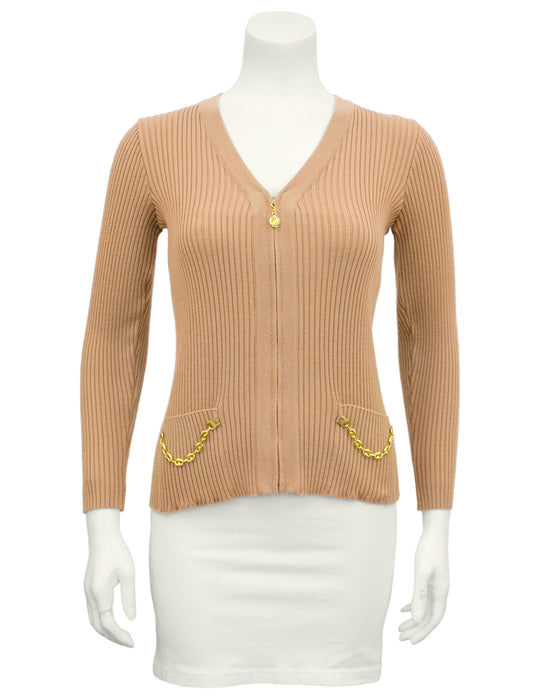 Tan Zip Front Ribbed Cardigan With Gold Chain Details