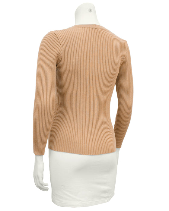 Tan Zip Front Ribbed Cardigan With Gold Chain Details