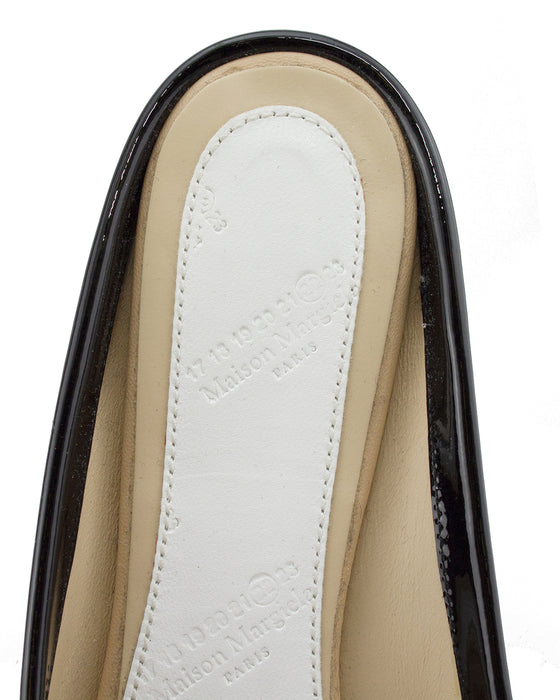 Beige Leather Slides with Black Patent Leather Trim