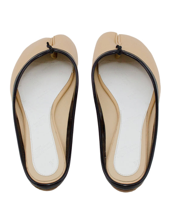 Beige Leather Slides with Black Patent Leather Trim