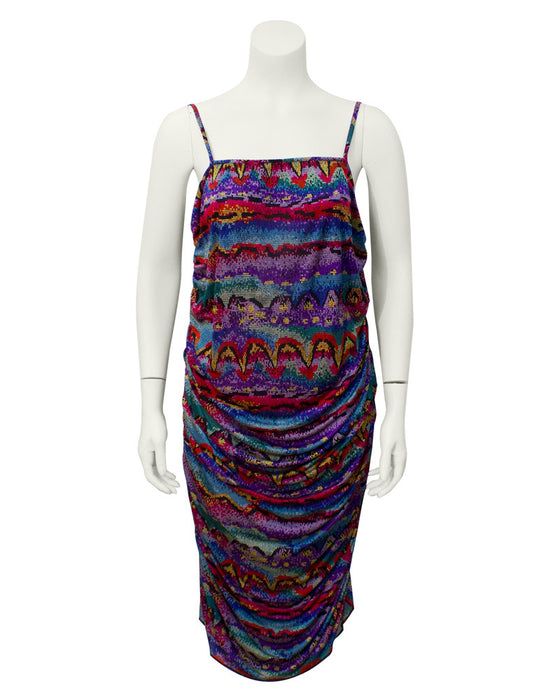 Multi-colored printed ruched dress