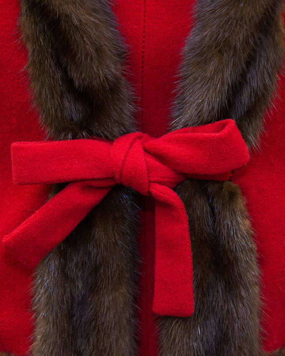 Red Wool Haute Couture Ensemble with Mink Trim