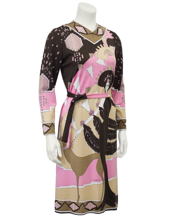 Brown and Pink Printed Rayon Dress