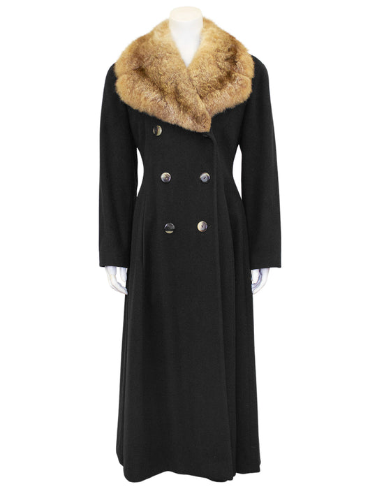 Black Wool Maxi Princess Style Coat with Fur Collar