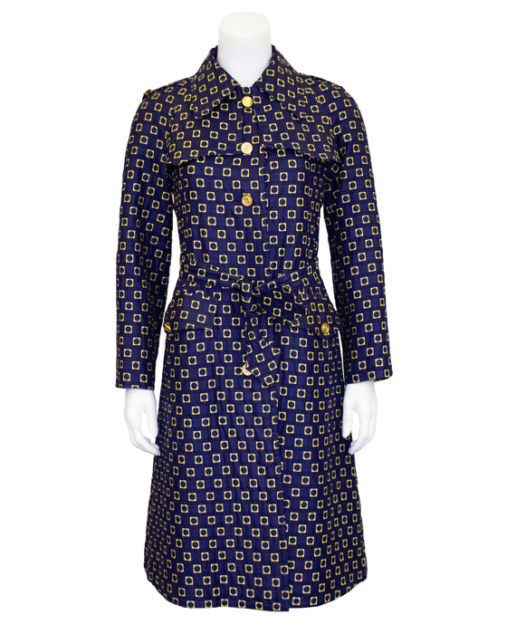 Navy and Yellow Cotton Brocade Trench Coat