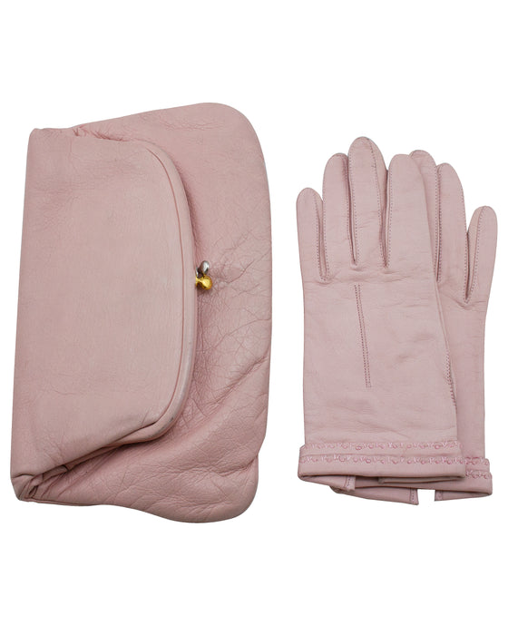 Pink Leather Clutch with Matching Kid Gloves