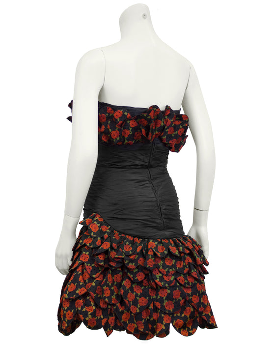Black and Red Strapless Cocktail Dress with Roses