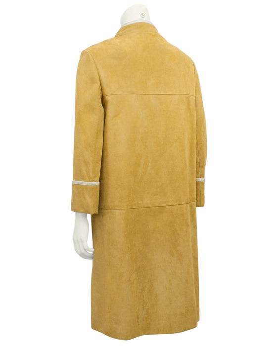 Beige Suede Coat with Cream Piping and Plaid Lining