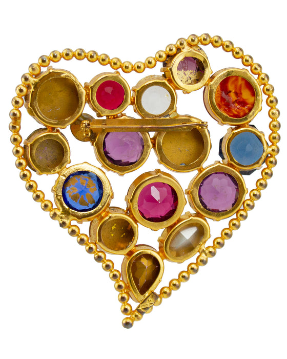 Gilt Metal & Faceted Glass Heart Shaped Brooch