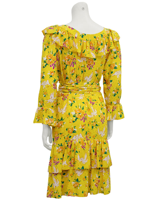 Yellow Floral & Cupid Silk Jacquard Dress