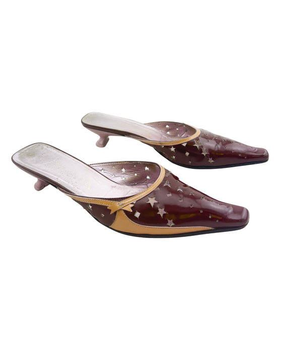 Burgundy and Tan Mules with Star Cut Outs