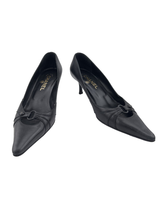 Black Leather Kitten Heels with Buckle Detail