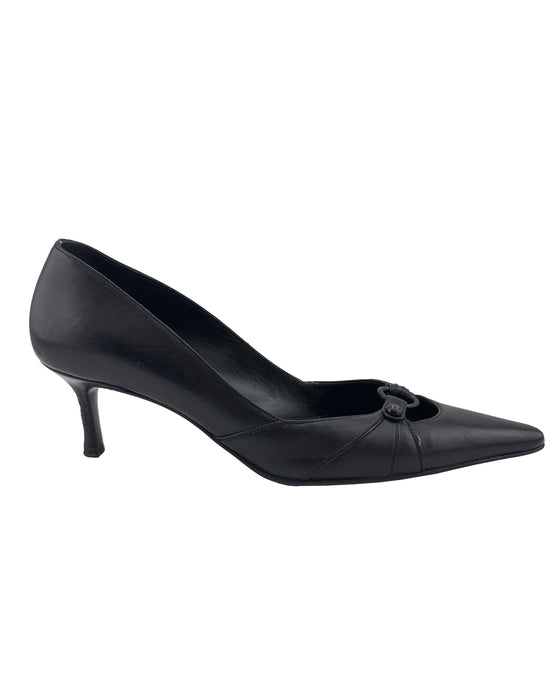 Black Leather Kitten Heels with Buckle Detail