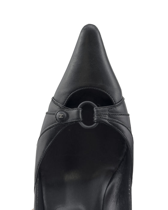 Black Leather Kitten Heels with Buckle Detail