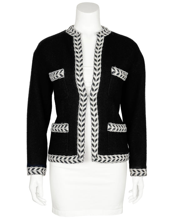 Black and White Wool Jacket with Herringbone Trim