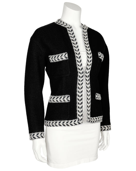 Black and White Wool Jacket with Herringbone Trim