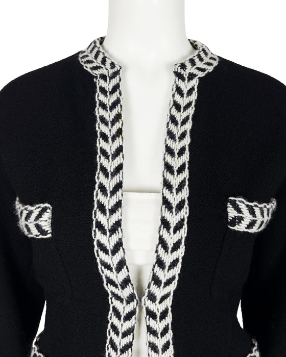 Black and White Wool Jacket with Herringbone Trim