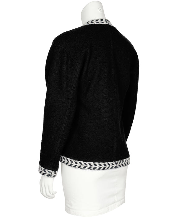Black and White Wool Jacket with Herringbone Trim