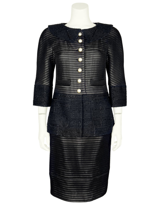 Black Tweed and Eyelet Suit with Pearl Buttons