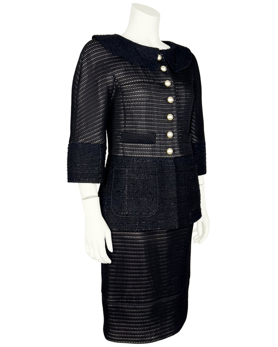 Black Tweed and Eyelet Suit with Pearl Buttons