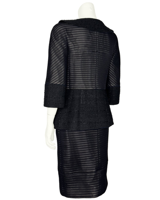 Black Tweed and Eyelet Suit with Pearl Buttons