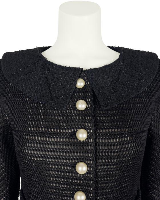 Black Tweed and Eyelet Suit with Pearl Buttons