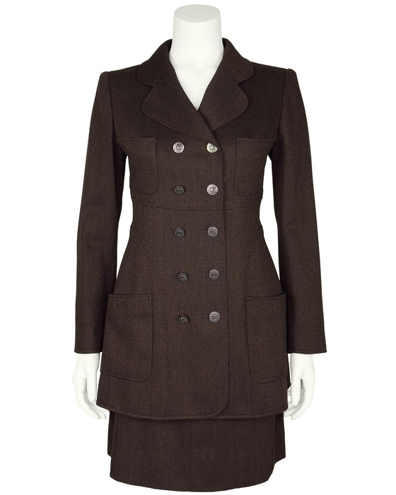 Brown Wool Skirt Suit With Long Jacket