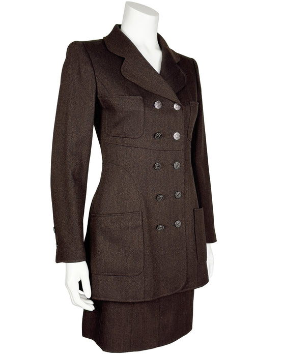 Brown Wool Skirt Suit With Long Jacket