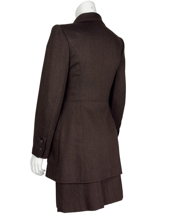 Brown Wool Skirt Suit With Long Jacket