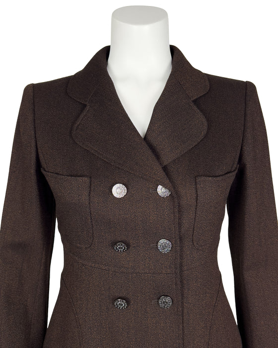 Brown Wool Skirt Suit With Long Jacket