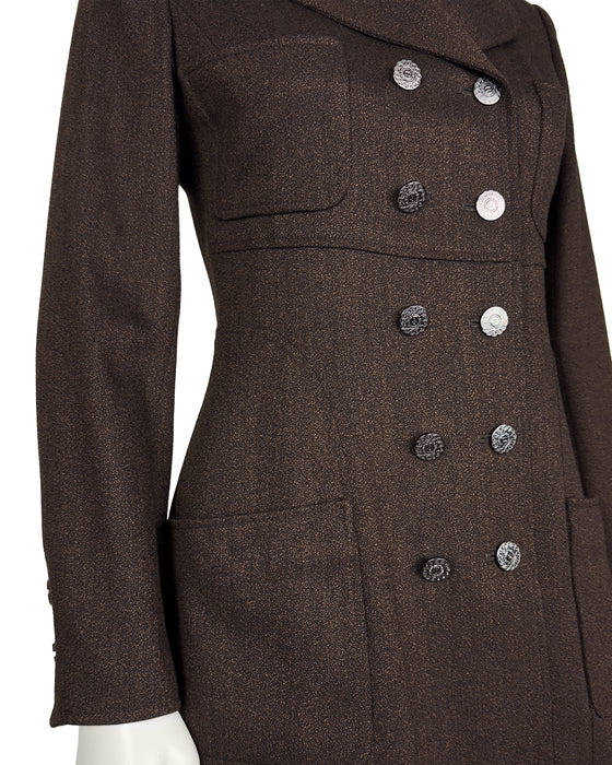 Brown Wool Skirt Suit With Long Jacket