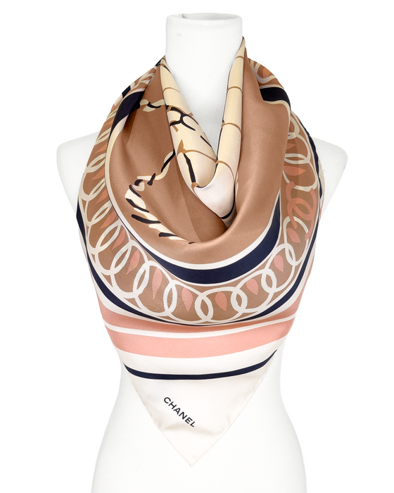 Pink, Cream & Navy Printed Silk Scarf