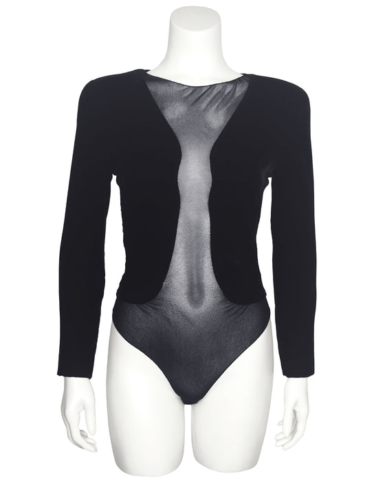 Black Velvet and Sheer Bodysuit and Skirt Ensemble