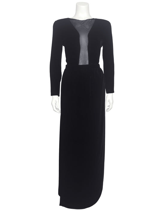 Black Velvet and Sheer Bodysuit and Skirt Ensemble
