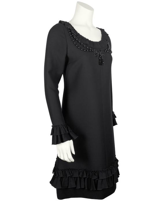 Black Long Sleeve Dress with Beading and Ruffles