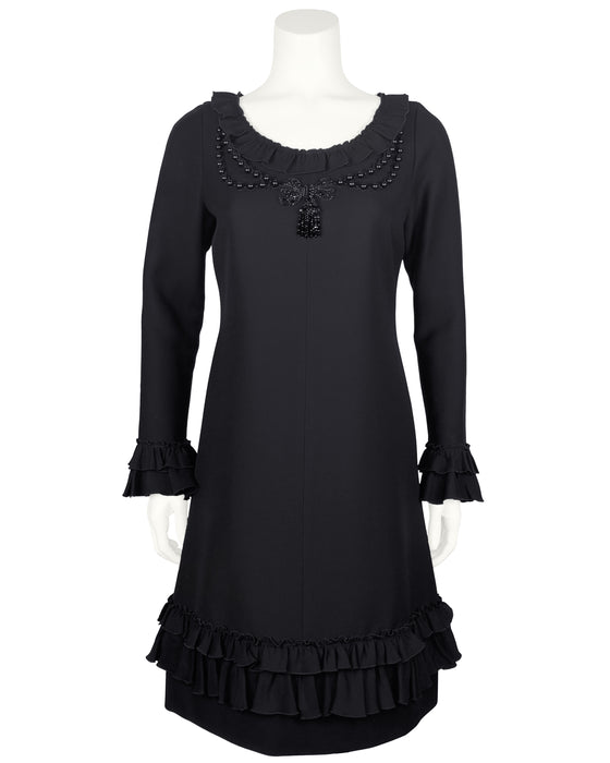 Black Long Sleeve Dress with Beading and Ruffles
