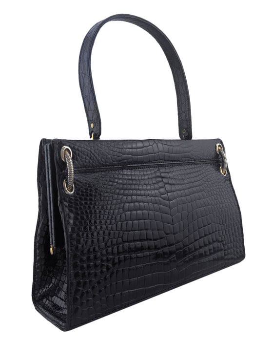 Black Croc Skin Top Handle Bag by House of Grimaldi