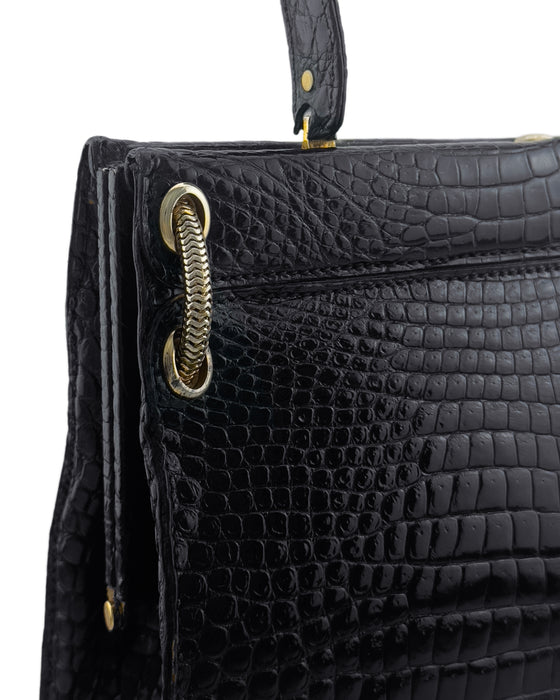 Black Croc Skin Top Handle Bag by House of Grimaldi