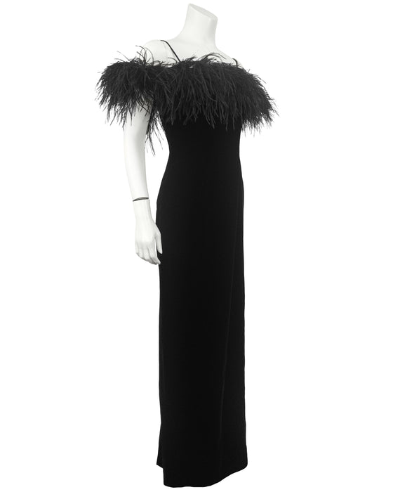 Black Velvet Strapless Gown with Ostrich Feather Trim