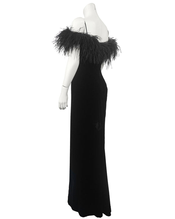 Black Velvet Strapless Gown with Ostrich Feather Trim