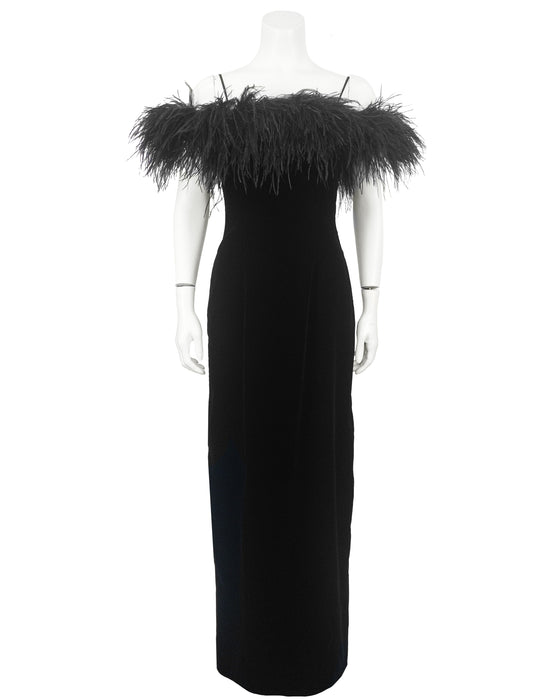 Black Velvet Strapless Gown with Ostrich Feather Trim