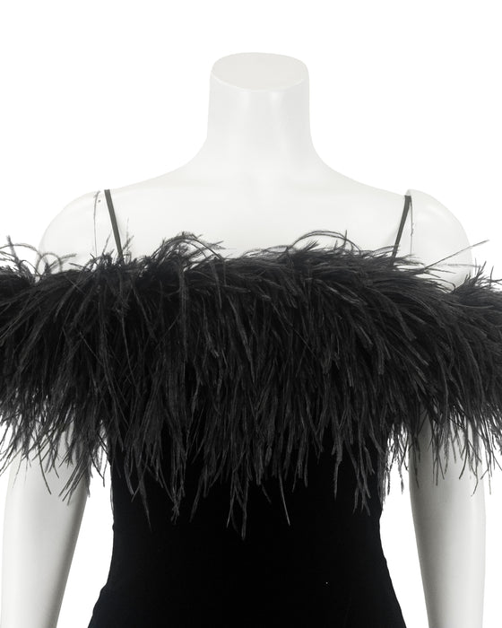 Black Velvet Strapless Gown with Ostrich Feather Trim