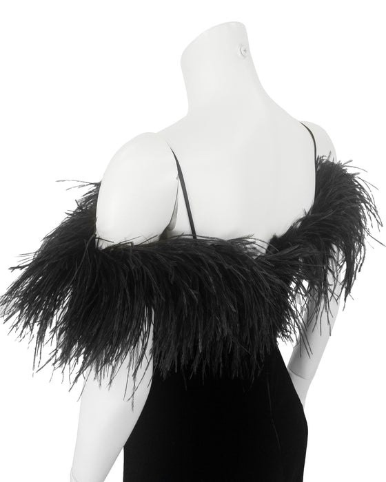 Black Velvet Strapless Gown with Ostrich Feather Trim