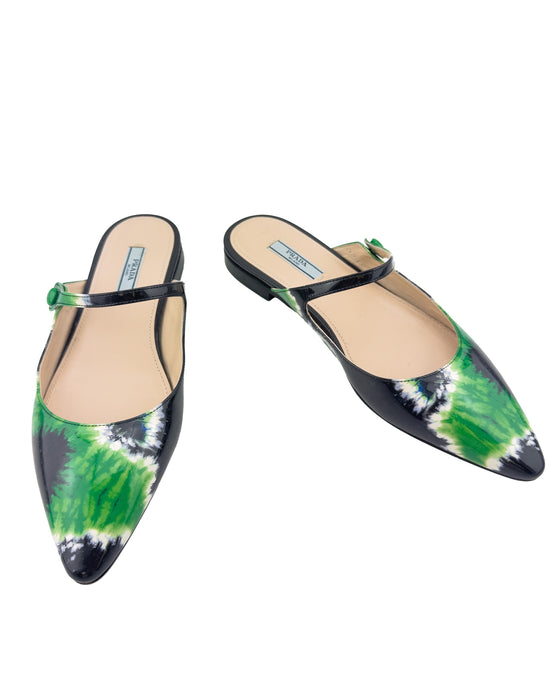 Green and Black Tie Dye Patent Leather Flat Mules
