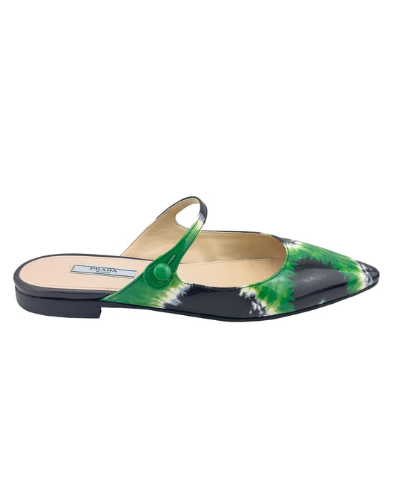 Green and Black Tie Dye Patent Leather Flat Mules