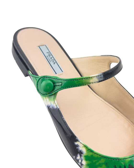 Green and Black Tie Dye Patent Leather Flat Mules