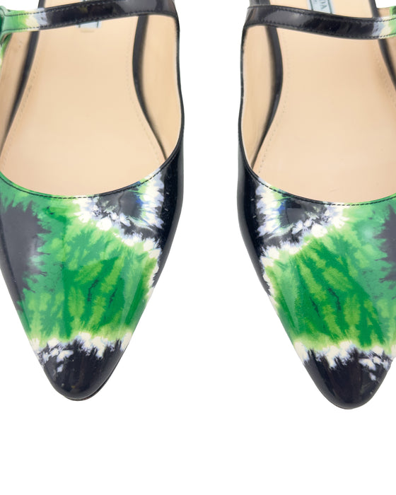 Green and Black Tie Dye Patent Leather Flat Mules